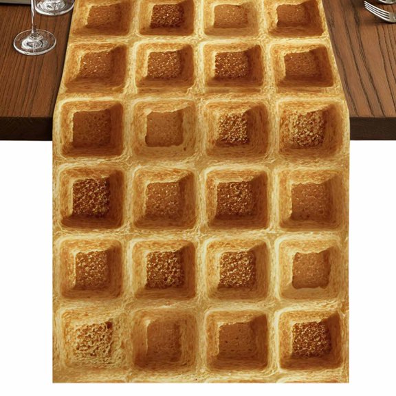 Golden-Yellow Waffle Cake Burlap Cotton Table Runner 13x48 Inches Long, Modern Delicious Dessert Farmhouse Table Runners, Outdoor Dining Table Decor for Baby Shower/Party/Wedding
