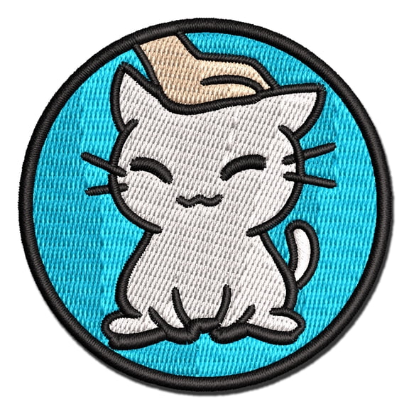 Satisfied Cat Kitty Headpat Applique Multi-Color Embroidered Iron-On Patch - 2.5 Inch Small