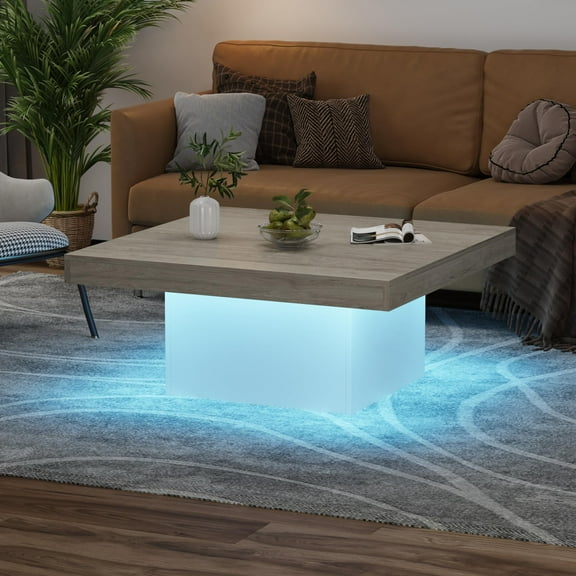 Studyset Square Coffee Table with Led Lights,35 inch Living Room Tables,Modern Coffee Tables with Plug-in 16-Color LED Lights,Coffee Table Square LED Center Table Cocktail Table for Home Office