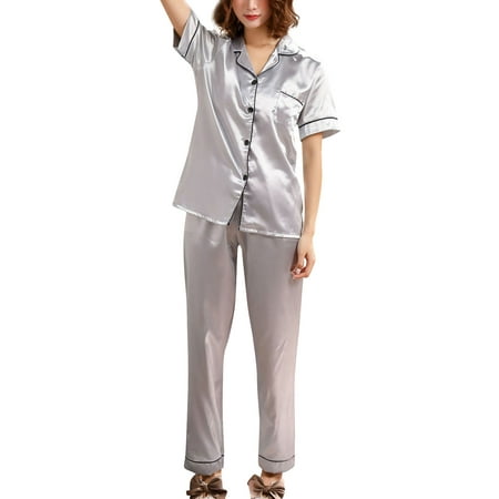 

QWANG Jumpsuit for Women Pajama Sets Short Sleeve Button Sleepwear Lapel Nightwear Soft Sets