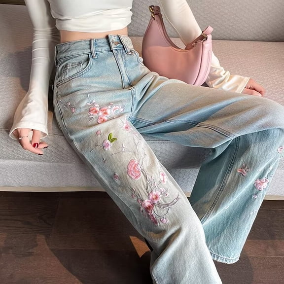 Women Light Wash Cotton Jeans, Floral Embroidered High Waist Straight Wide Leg Pants for Summer