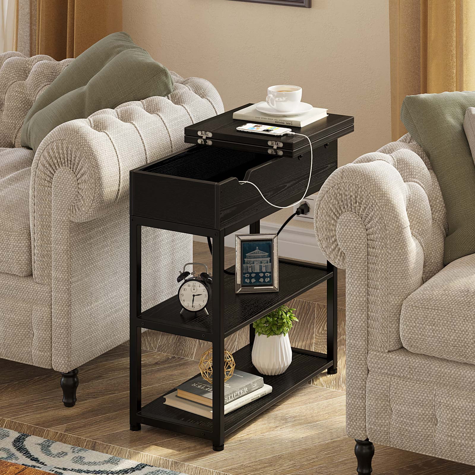 Rolanstar End Table with Charging Station,Nightstand Sofa Table for