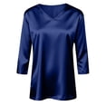 thumbnail image 4 of Womens Satin Silk 3/4 Length Sleeve Tunic Tops Trendy Silky Round Neck Business Casual Shirt Dressy Blouses, Dark Blue 2XL, 4 of 6