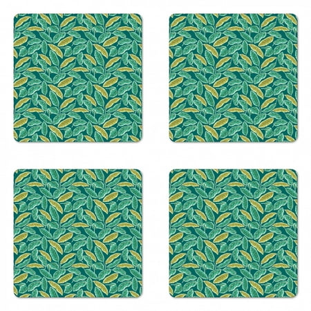 

Leaves Coaster Set of 4 High Detailed Botanical Composition Abstract Forest Pattern Square Hardboard Gloss Coasters Standard Size Teal Khaki by Ambesonne