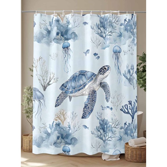 Watercolor Blue Sea Turtles Corals Jellyfish Shower Curtain Set, Waterproof Shower Curtains With Grommet Hooks, Summer Marine Life Privacy Bathroom Curtain for Bathtub 72x72IN