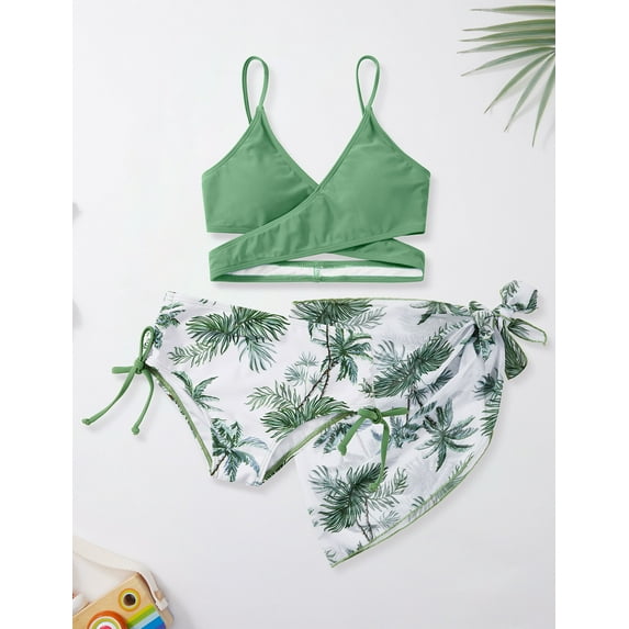 GYRATEDREAM Girls Swimwear High Waist Bikini Set Bathing Suit with Cover Up Beach Skirt Beach Surf Swimwear Set Quick Dry Swimsuit Set for Girl, Size 9-10 Years