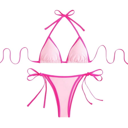 JIANJIA Womens Swimsuits Solid Color Sexy Lace Up Halter Brassiere With Thongs Split Swimsuit Two Piece Bikinis Swimwears Beachwear  Pink L