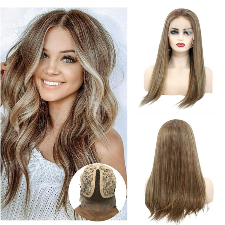 Pre Plucked T Part Lace Front Wigs Human Hair Silk Straight Bleached Knots  Balayage Highlighted Brazilian Hair Wigs Glueless 150% Density Free Part  Wigs for White Women (22 inches) 