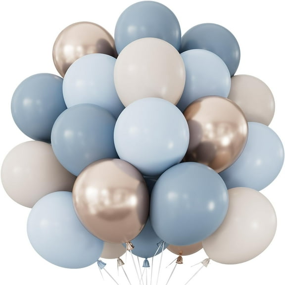 Champagne Gold Dusty Blue Balloons, 60pcs12Inch Dusty Baby Blue Sand White Champagne Gold Metallic Balloons for Baby Shower Bridal Gender Reveal Boho Birthday Party Supplies