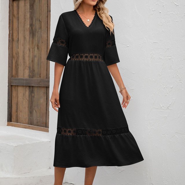 Vestido elegante para mujer Vestido de vacaciones con borde de encaje Media manga Vestidos femeninos simples FLhrweasw Nuevo