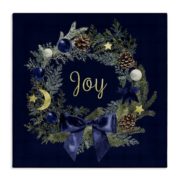 Stupell Industries Joy Holiday Wreath Holiday Painting Gallery Wrapped Canvas Art Print Wall Art, 17 x 17