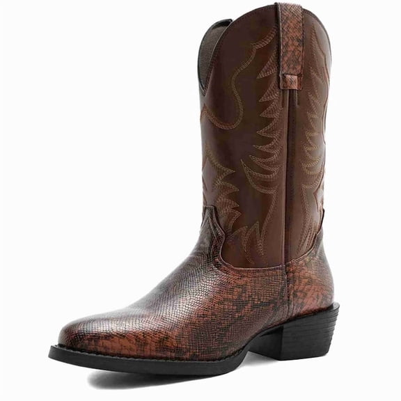 Men's Snakeskin & Embroidered Western Cowboy Boots, Mid-Calf Height, Block Heel, Square Toe, Side Zipper - Retro Style for Casual Riding Footwear