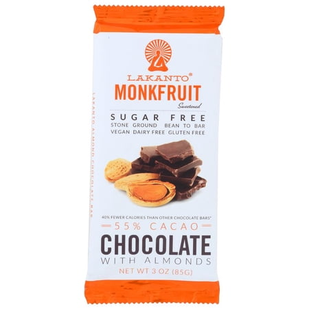 Lakanto 55% Cacao Sugar Free Monkfruit with Almonds Chocolate Bar, 3 Oz (Pack of 8)