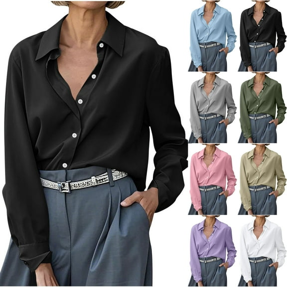 Otntypg Women's Button Down Shirts Classic Fit Dress Shirt Work Business Blouse Casual Long Sleeve Collared Tshirt Tops Black M