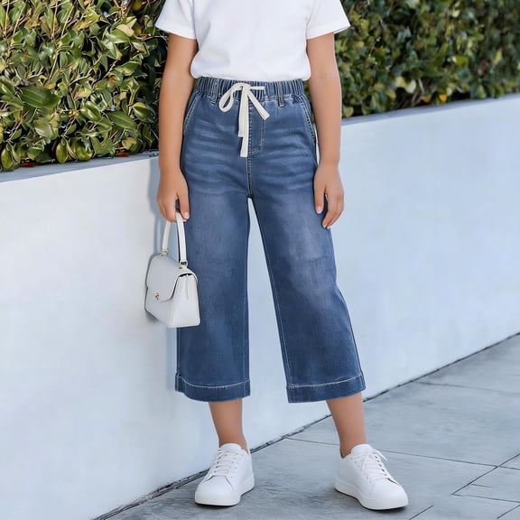 LJEFF Girls Denim Capris with Pockets, Casual Wide Leg Baggy Elastic Waist Summer Drawstring Jeans for Kids Blue Size 4-140