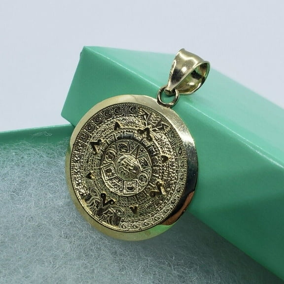 14K Solid Yellow Gold Aztec Mayan Sun Calendar Pendant