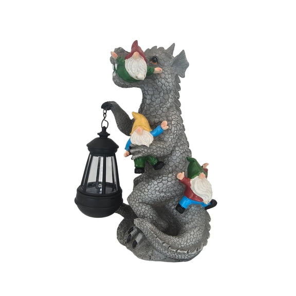 Dinosaur Eating Gnomes Garden Statue with Solar Lantern, Outdoor Garden Decor Waterproof Resin Statue for Patio, Yard, Lawn, Gardening Idea