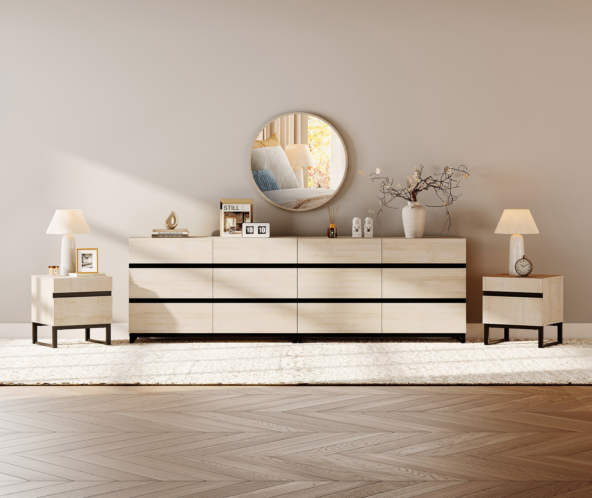 WAMPAT 4-Piece Bedroom Set,Modern 94.5" 12-Drawer Dresser & 2 Nightstands (2 Drawers Each)