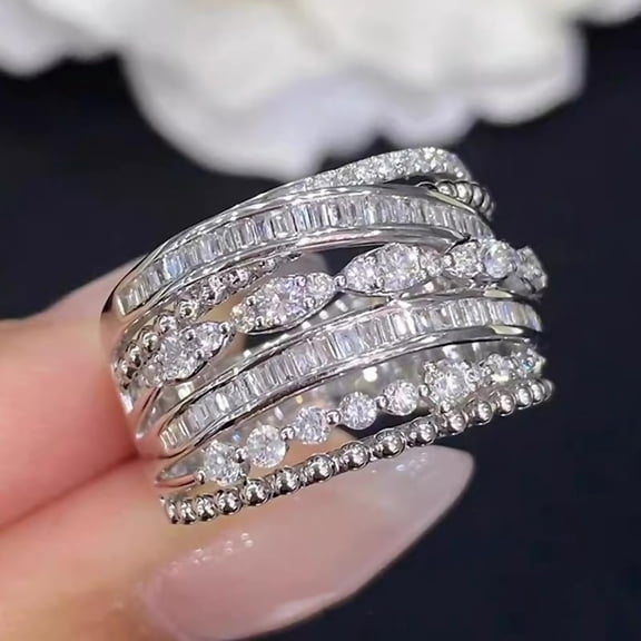 925 Sterling Silver Multi-Layer Crossover CZ Ring, Silver Plated Mixed Cut Cubic Zirconia Statement Band, Twisted Eternity Stacking Elegant Anniversary and Party Jewelry Gift for Her Sizes 8