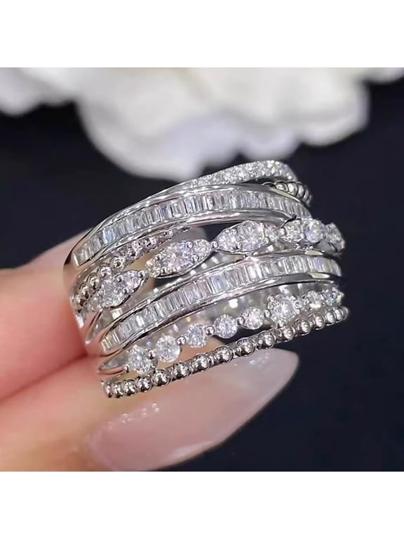 925 Sterling Silver Multi-Layer Crossover CZ Ring, Silver Plated Mixed Cut Cubic Zirconia Statement Band, Twisted Eternity Stacking Elegant Anniversary and Party Jewelry Gift for Her Sizes 8