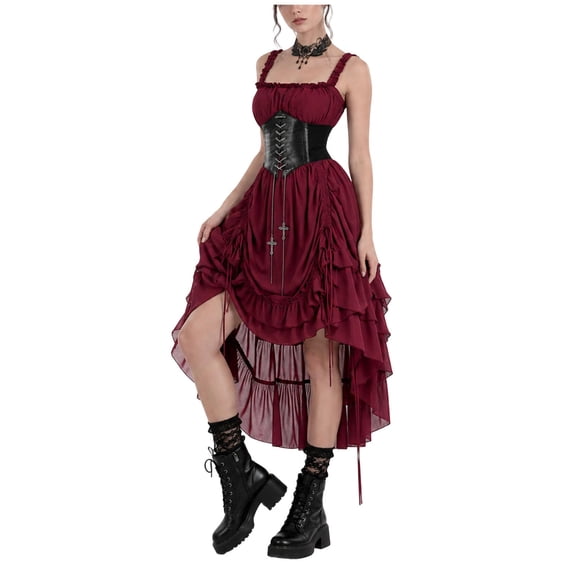 KICILVS Gothic Clothes for Women Solid Color Sleeveless Corset Dress Lace Up Bodice Layered Asymmetrical Hem Party Dress Red