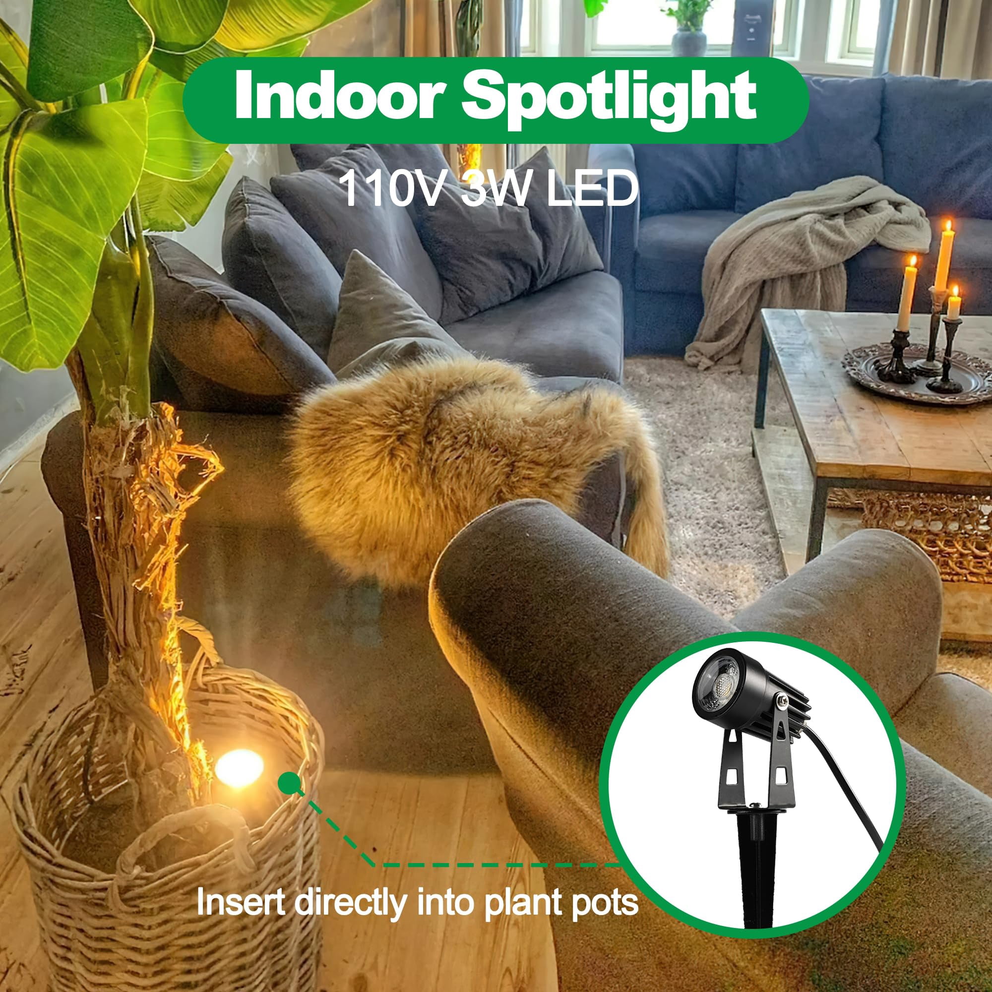 Indoor LED Uplighting Indoor 3W Up Lights Floor Spotlight 3000k Warm White Plant Spotlight Indoor 5.9 FT Cord with Foot Switch