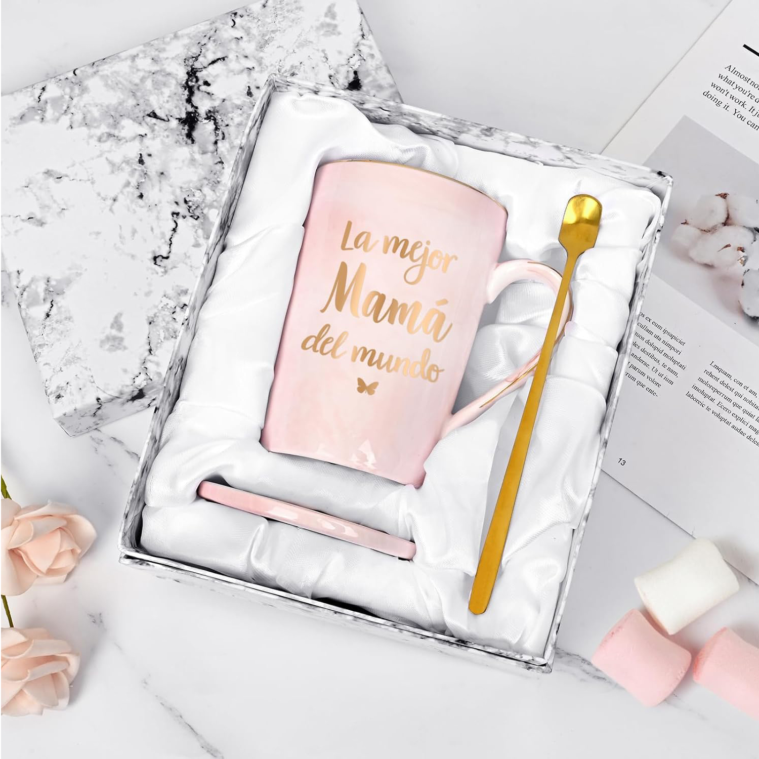 Gifts for Mother - La Mejor Mama Del Mundo Mugs, Mothers Day Gifts, Birthday Gifts, Christmas Gifts, Futtumy 14 fl oz Pink Marble Coffee Mugs Ceramic Mug Tea Cup