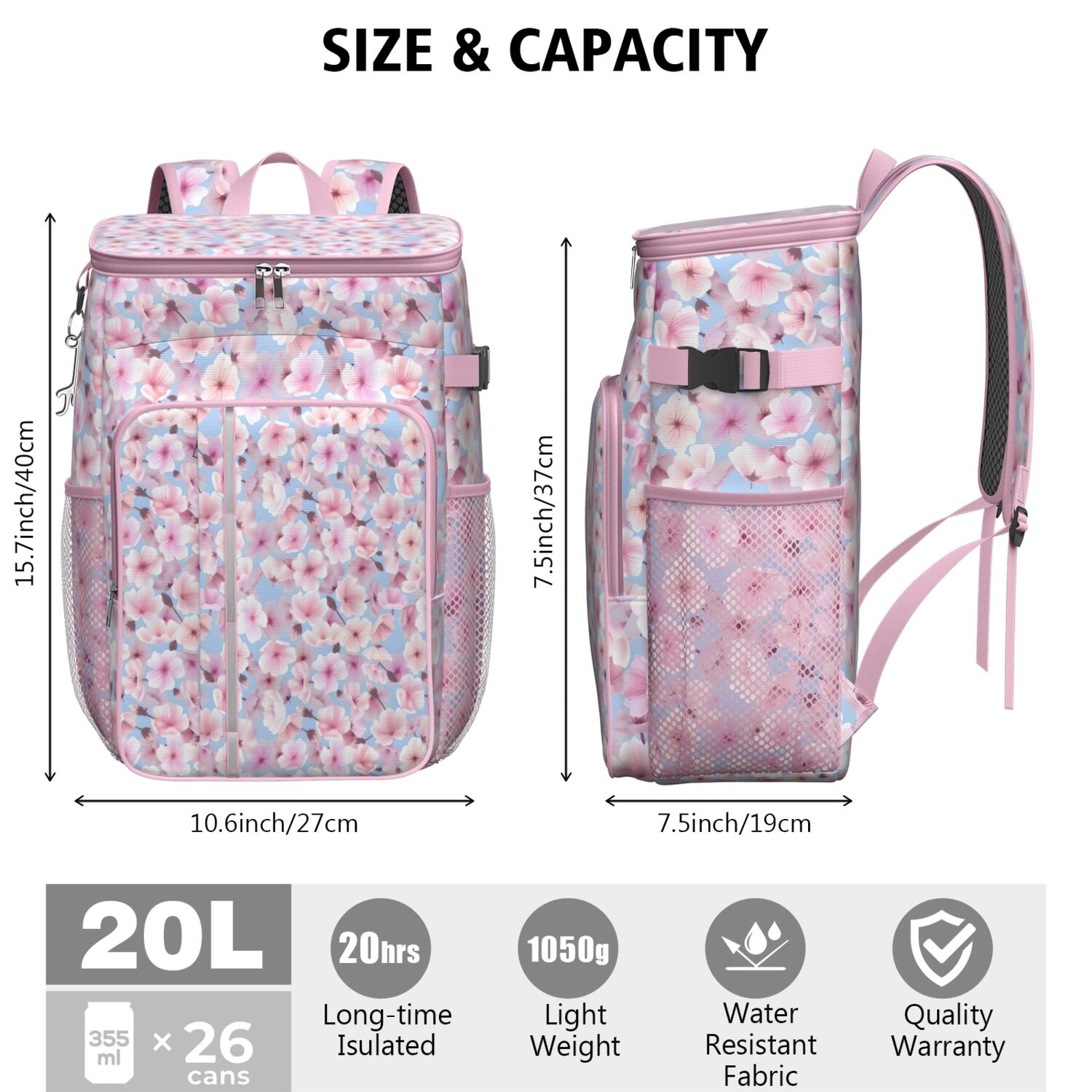 Travel Cooler Bag - Pioneer Flower Floral Print Pattern Camping Beer Cooler Backpack with Bottle Opener- Waterproof Insulated Picnic Backpacks - Cooler Bag for Beach