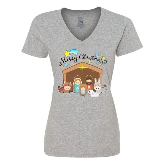 Inktastic Merry Christmas Cute Nativity Scene Women's V-Neck T-Shirt