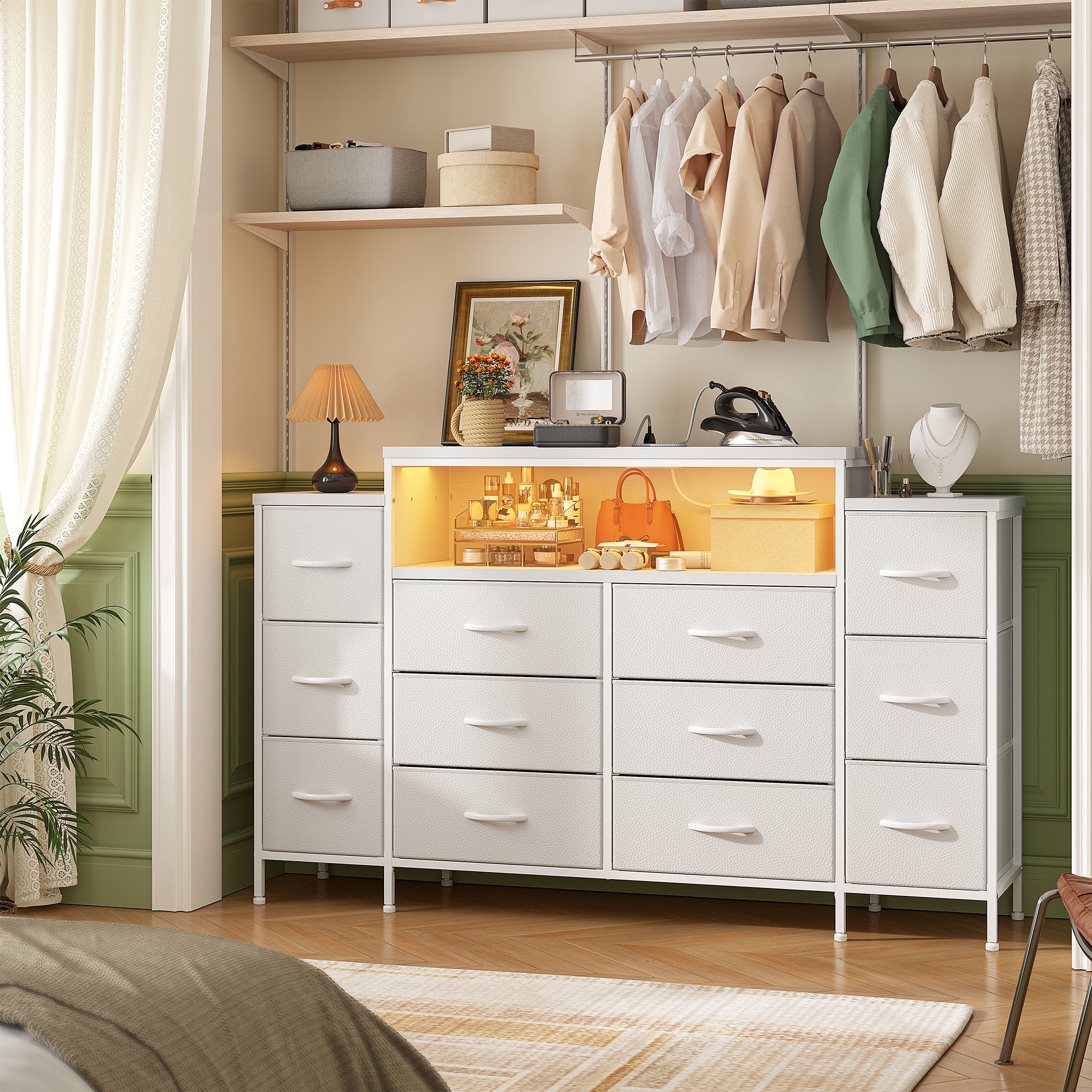 EnHomee White Dressers for Bedroom with 12 Drawer Fabric Dressers with LED lights & Power Outlet,55"W x 11.8"D x 33.5"H