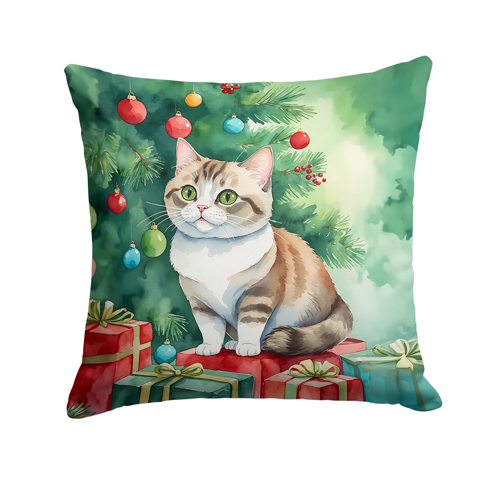 Caroline's Treasures Munchkin Cat by The Christmas Tree Throw Pillow Machine Washable, Indoor Outdoor Decorative Pillow for Couch, Bed or Patio, 18Hx18W