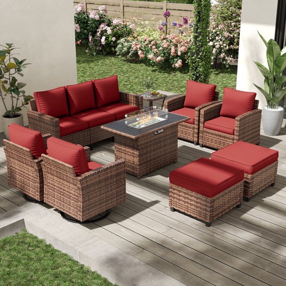 POTEBAN Patio Furniture Set with 44" Fire Pit Table, 9 Pieces Outdoor Sectional Conversation Sets with Swivel Chair & Ottoman for Garden Backyard Deck, Wine Red