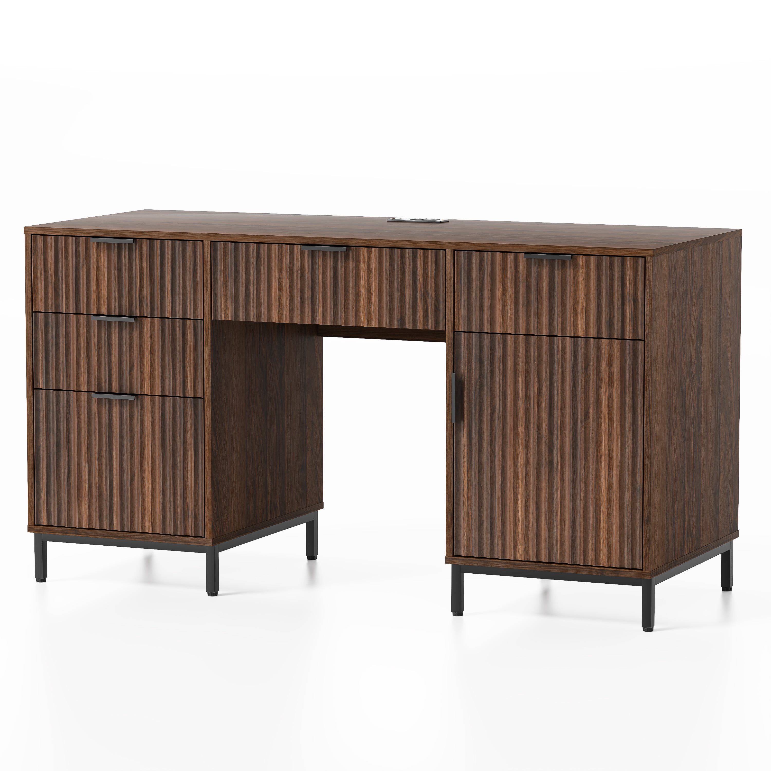EYYTHUNG 55" Fluted Executive Desk, Modern Wood Computer Writing Desk Home Office Desk with Charging Station, Keyboard Tray, Brown