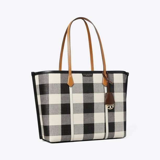 Tory Burch Perry Ginghan Triple Compartment Tote, Black/ New Ivoy, 81934 - Tory Burch Perry Ginghan Triple Compartment Tote, Black/ New Ivoy, 81934 -