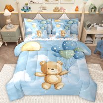 Homewish Cute Cartoon Bear 7-Piece Twin Bedding Sets,Polka Dots Ballon Bedding Comforter Set,Blue Brown Sheet Sets For Boys Teens,Breathable Home Decor Reversible