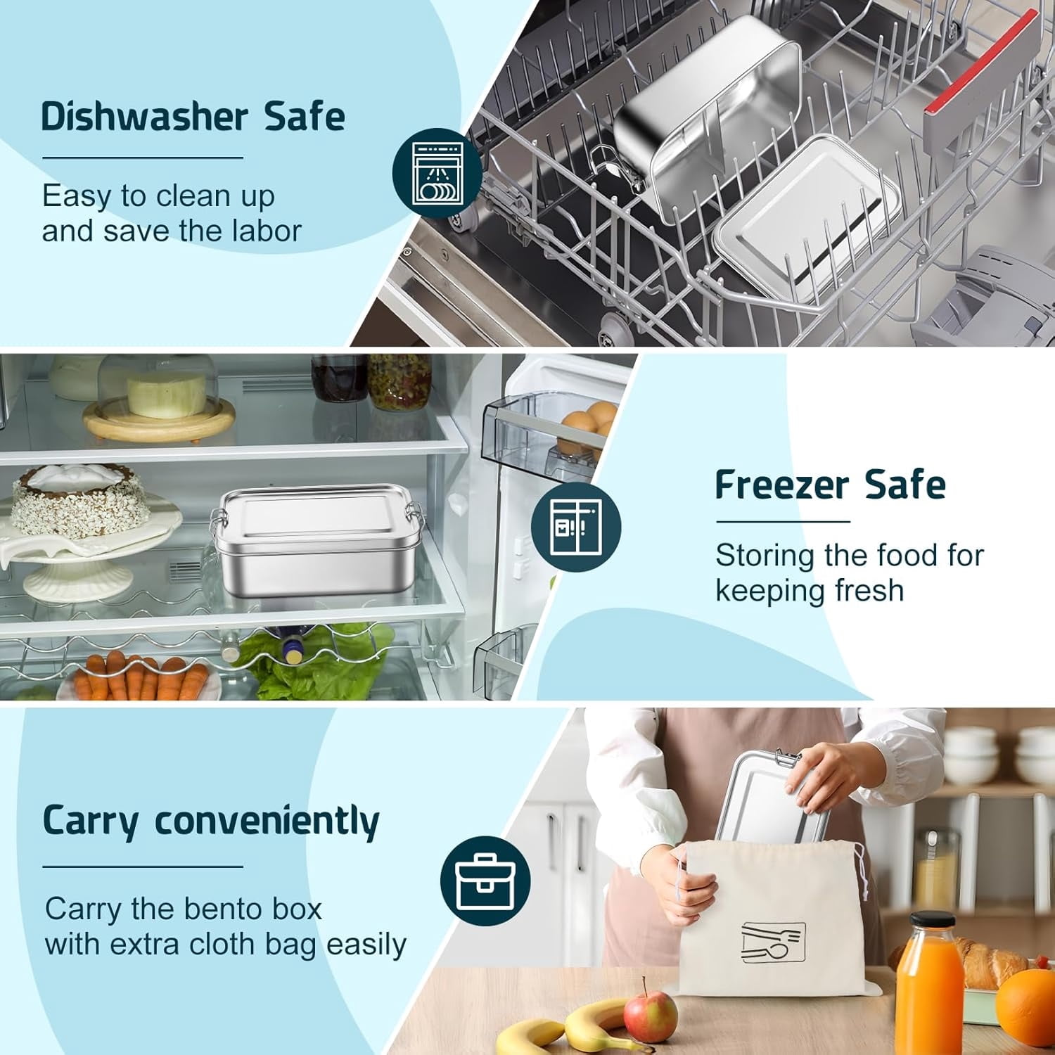 Stainless Steel Bento Box,Metal Bento Lunch Box,Food Storage Containers,Lunch Box,Adjustable Divider Included-Lockable Clips to Leak Proof-Dishwasher Safe-BPA free,28.7oz/850ml-1Pc