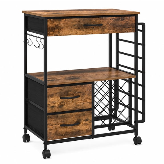 Danolapsi Rolling Craft Storage Work Table for craft cutting machine - Wood Top Craft Cart w/ 2 Fabric Drawers, Double-Layer Shelf, Vinyl Roll Holder & Hooks, Wheels - Tiger-Striped