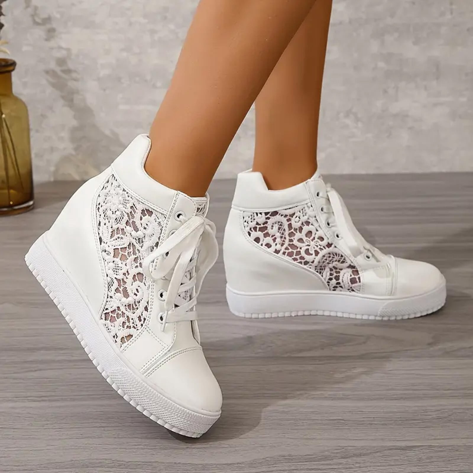 Platform High Top Fashion Sneakers for Women with Hidden Wedge High Heels Casual Canvas Shoes
