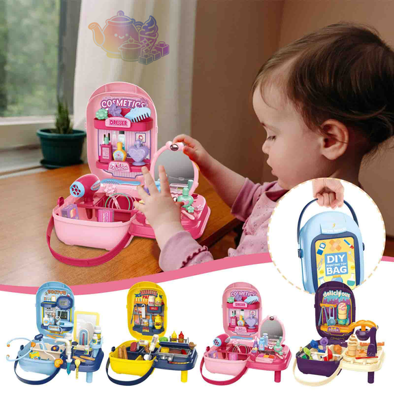 4 Styles Portable Handbag Pretend Playset, Doctor, Barbecue, Makeup & Ice Cream Theme Simulation Toy Kit, Pretend Play Toy, Role Play Gift for Boys and Girls Ages 3 and Up