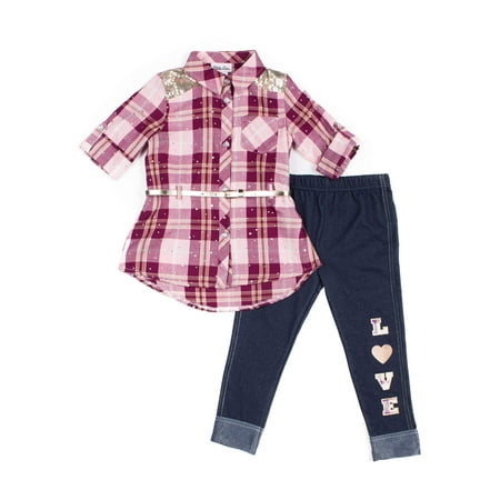 Plaid Skirt Toddler Girl Little Lass Belted Plaid Top and Knit Denim Leggings, 2pc Outfit Set (Baby Girls & Toddler Girls) ()