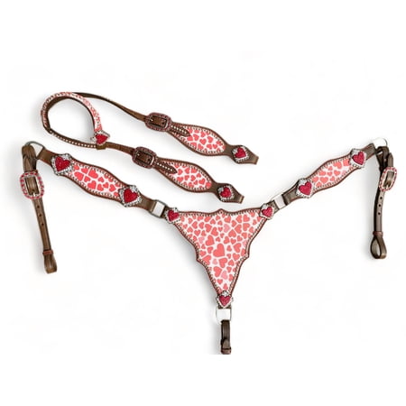 MOUSM Argentina Cow Leather Western Headstall and Breast Collar Set for Horse Pink Heart Print Antique Nickel Hardware