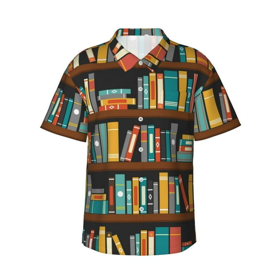 Vintage Library Bookshelf Men's 3d Print Casual Button Down Shirts, Novelty Hawaiian Short Sleeves 2xl