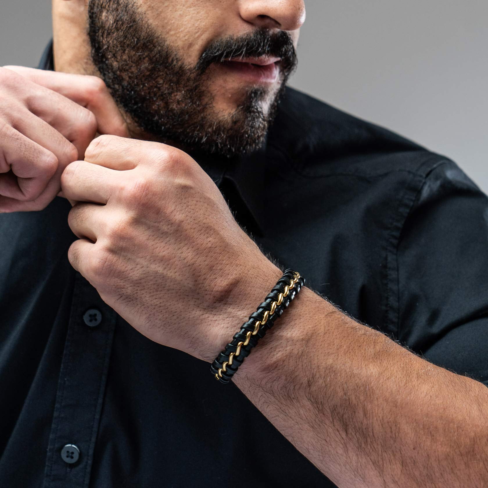 SERASAR Leather Bracelet for Man "Joy" with stainless steel magnetic closure, Gold 20cm, including gift box