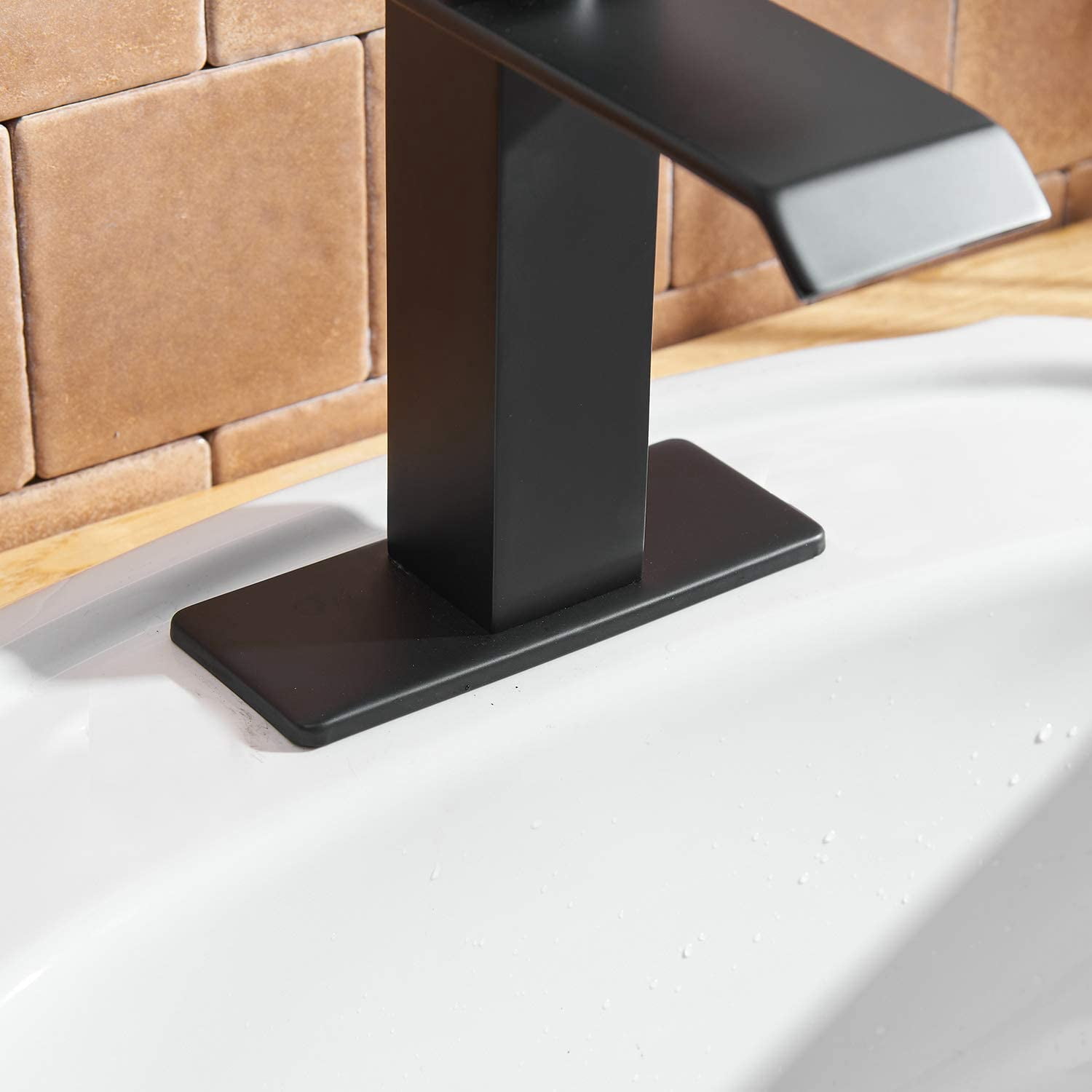 BWE Matte Black Bathroom Faucet Modern Waterfall Single Hole Bathroom Sink Faucet Parts Square Spout Bath Lavatory Vanity and Supply Hose Single Handle