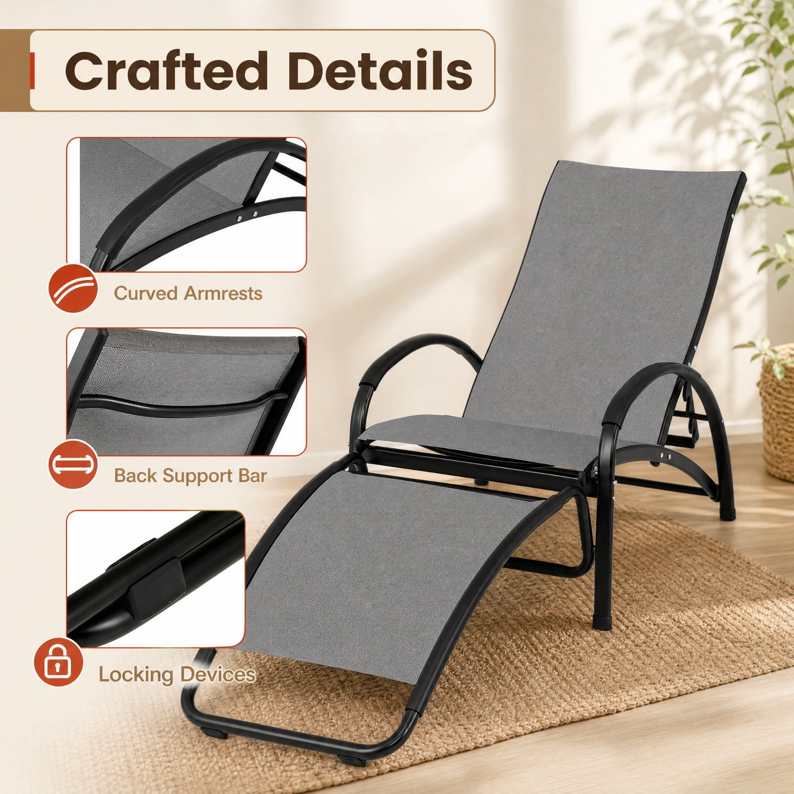 Furnibear 2 in 1 Outdoor Rocking Chair with 4 Position Adjustable Backrest and Aluminum Frame for Patio Porch and Poolside, Gray