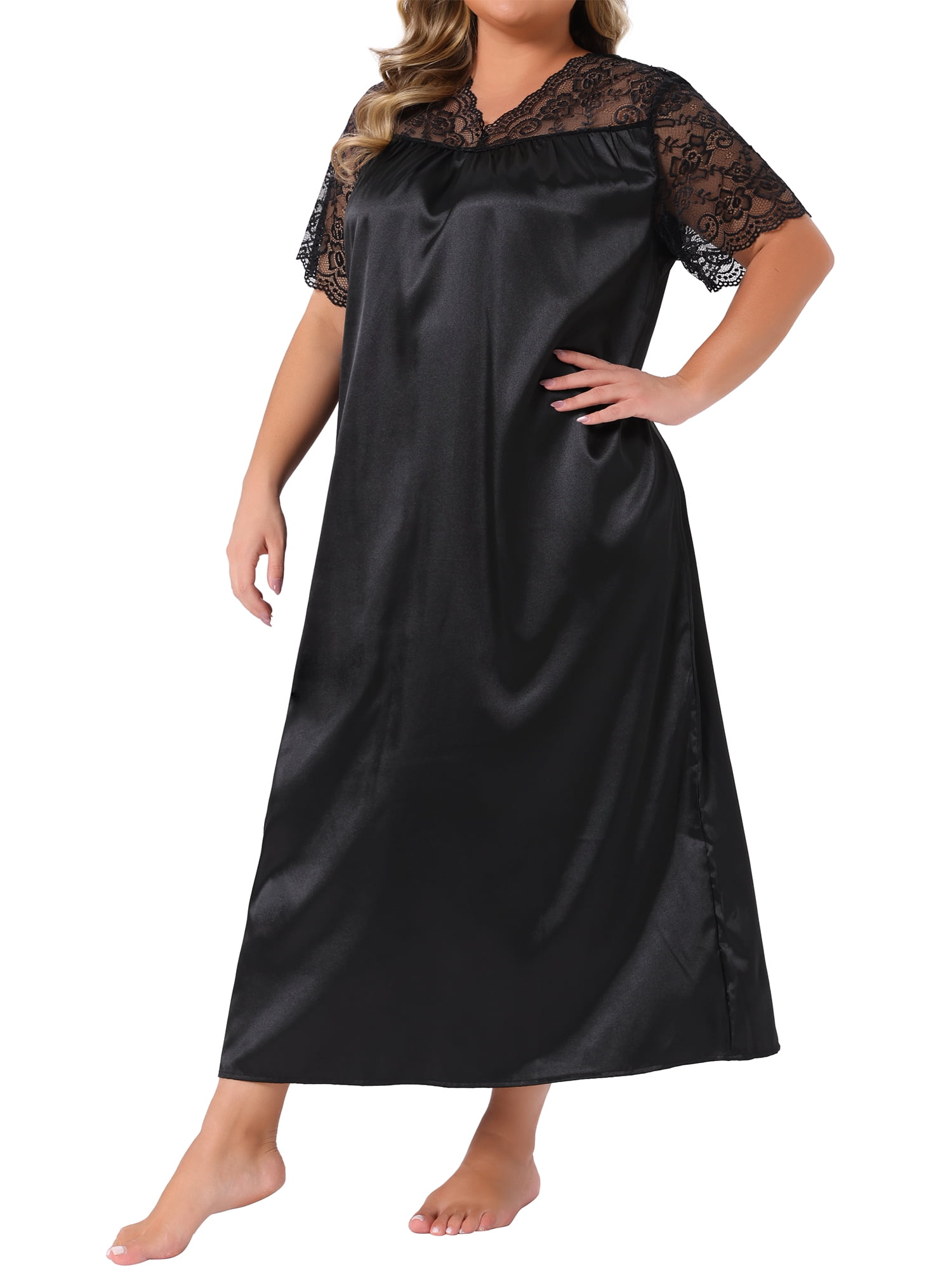 DARING DIVA Women's Plus Size Satin Short Sleeve Maxi  Nightgown 2X Black