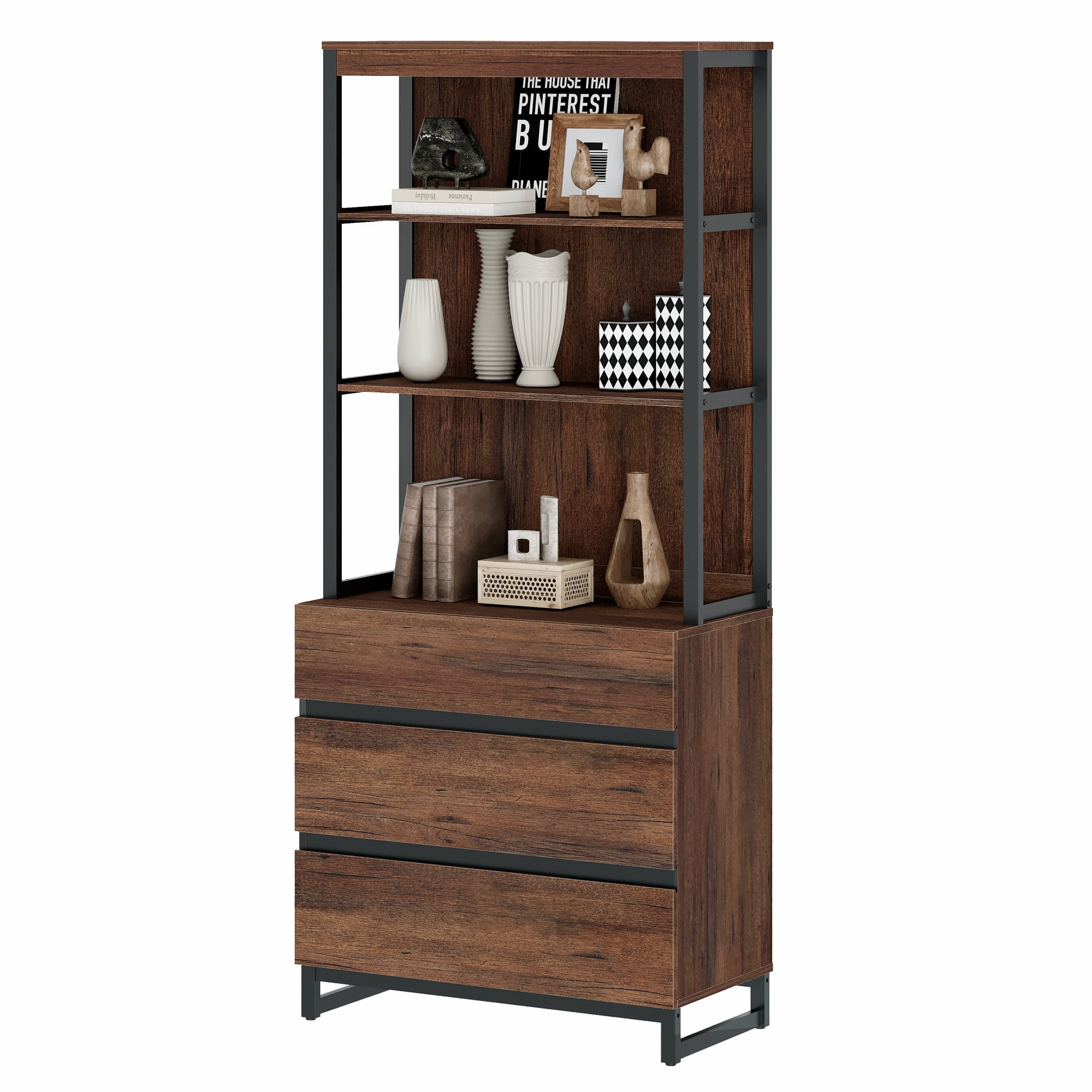 WAMPAT Modern 72" Tall Bookcase with 3 Drawers and Open Book Shelfs, Library Book Shelf with Storage Cabinet, Wood Freestanding Bookshelf for Home Office, Living Room,Brown