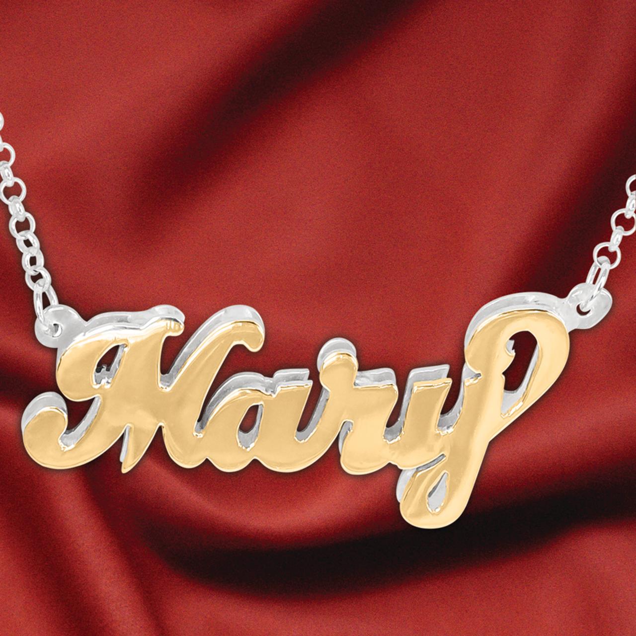 14Kt Solid Gold & Sterling Silver Personalized Double 3 D Name Necklace with Sterling Silver Rollo Chain
