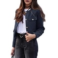 thumbnail image 2 of Womens Cropped Blazer Jacket Collarless Button Down Business Casual Fall Outfits Winter Coats Navy Blue S, 2 of 9