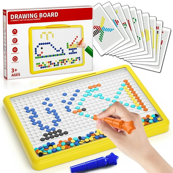 Magnetic Doodle Board Yellow with 2 Pens 20 Pattern Booklets & Doodle 200 Beads, Montessori Dot Art Travel Toy, Educational Preschool Toys for 3 4 5 6 Years, Birthday Christmas Gifts